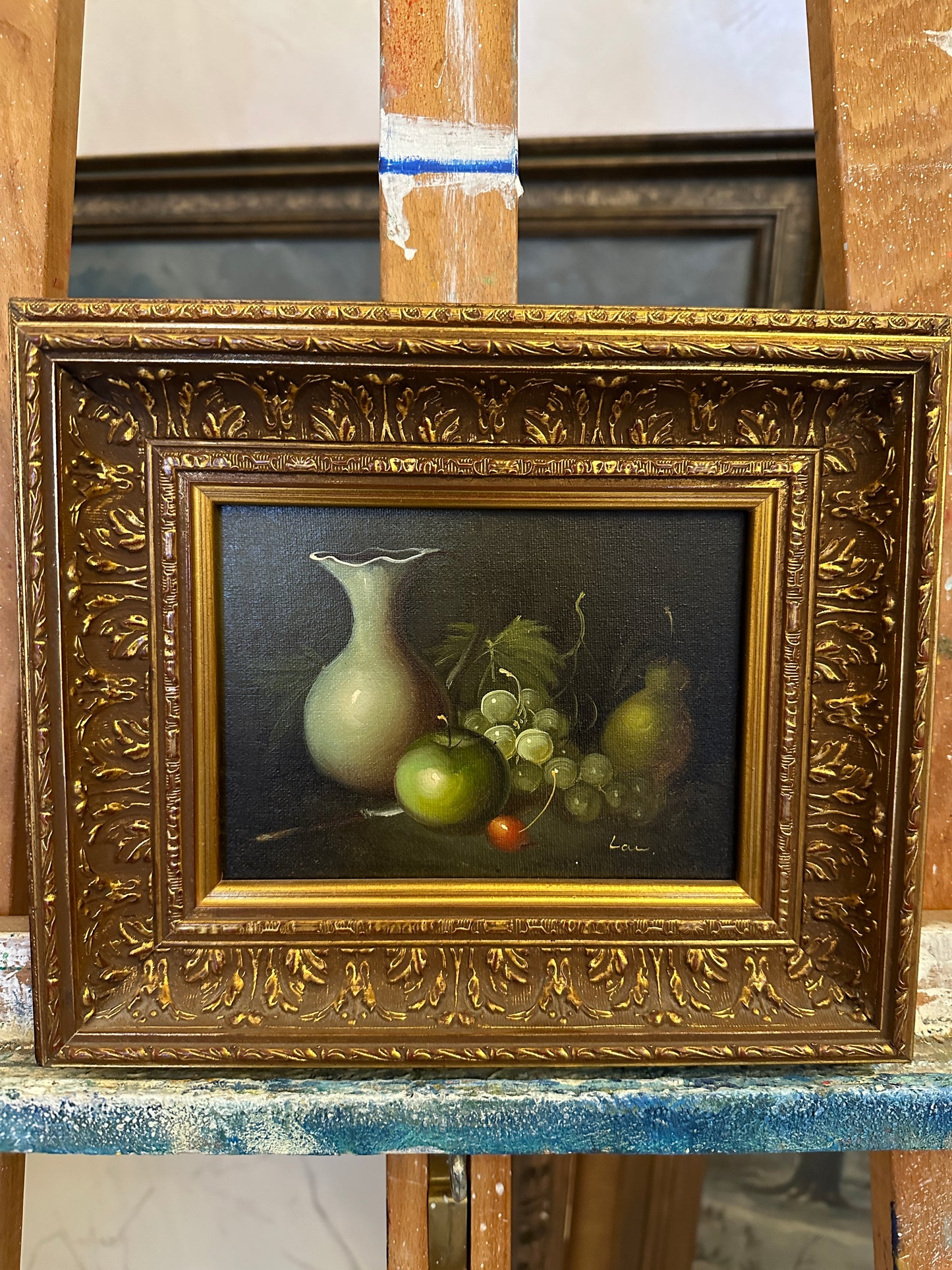 Lau (XX) Ölgemälde Stillleben Früchte und Vase Handsigniert 24x34cm