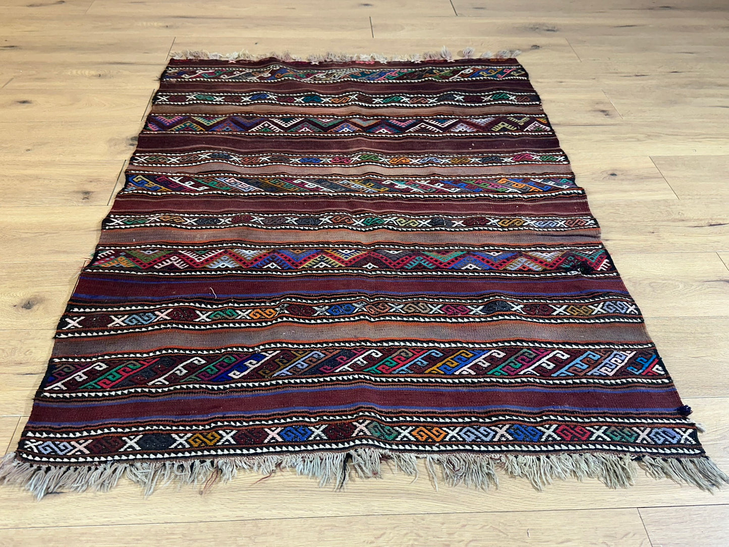 Antik Orientteppich handgeknüpft Kelim Kazak Naturfarben 145x105 cm