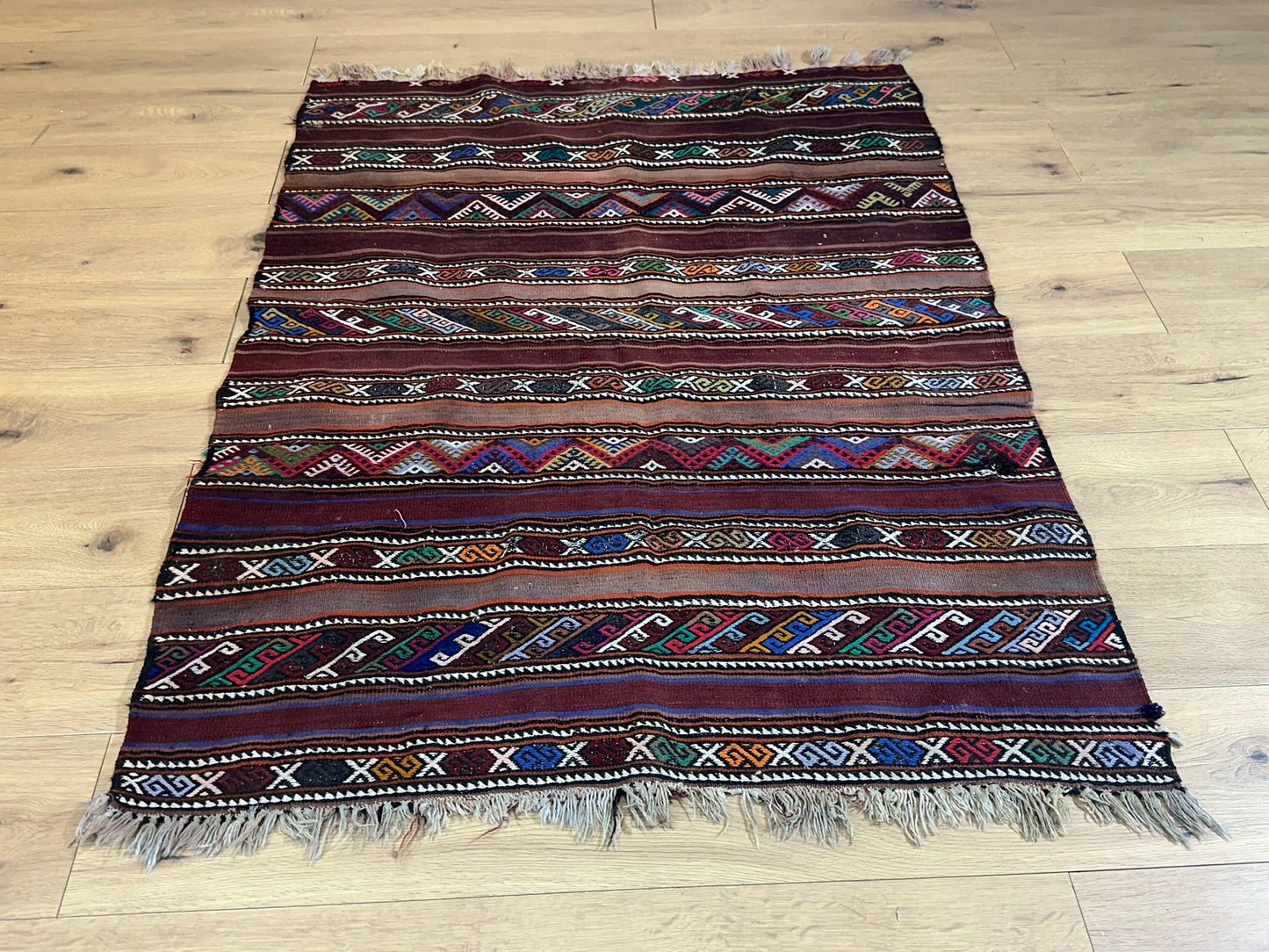Antik Orientteppich handgeknüpft Kelim Kazak Naturfarben 145x105 cm