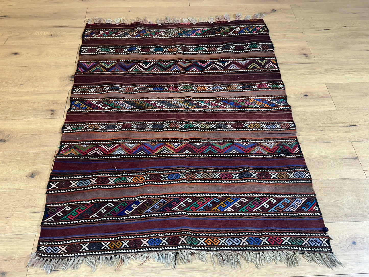 Antik Orientteppich handgeknüpft Kelim Kazak Naturfarben 145x105 cm