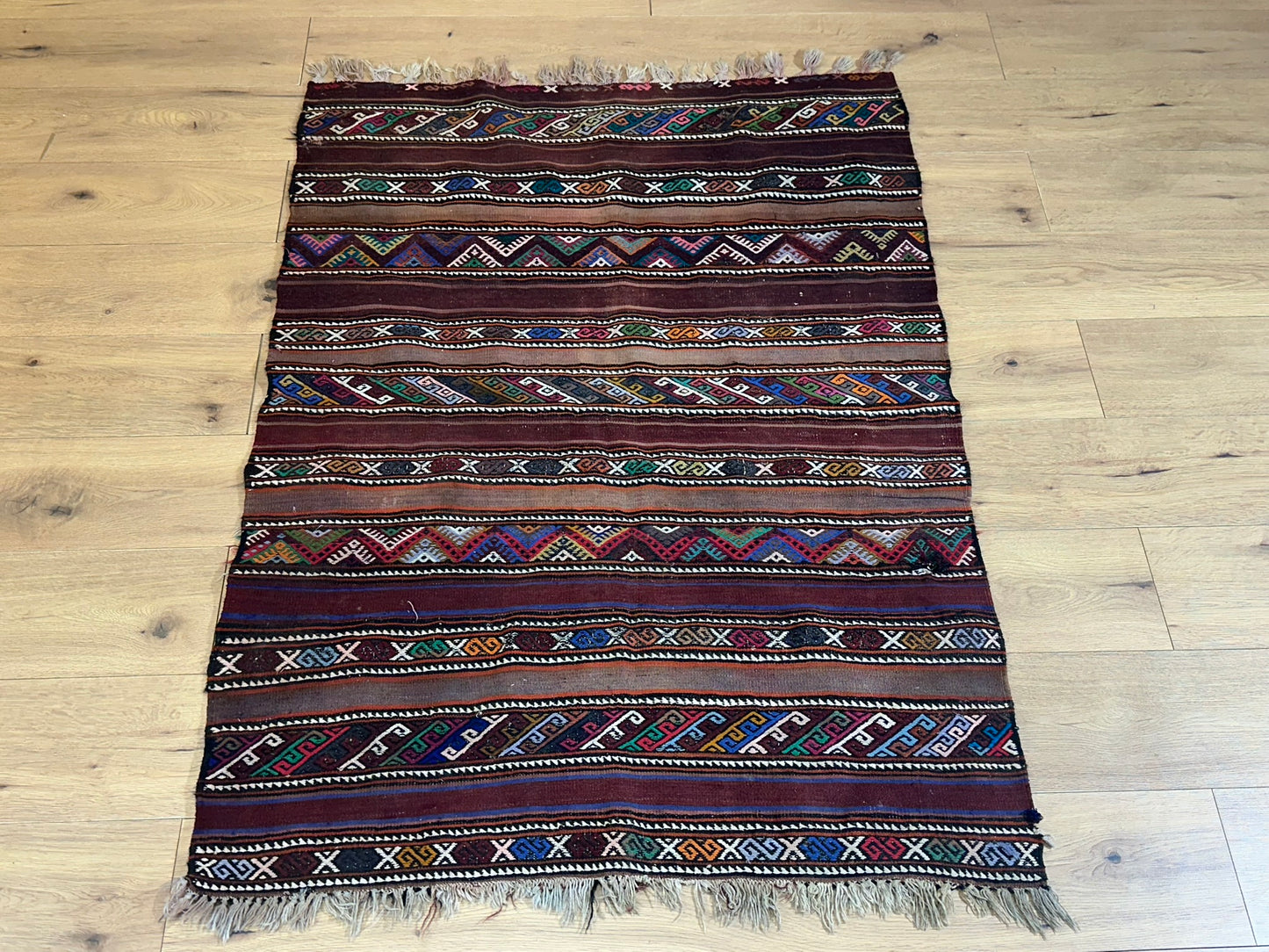Antik Orientteppich handgeknüpft Kelim Kazak Naturfarben 145x105 cm