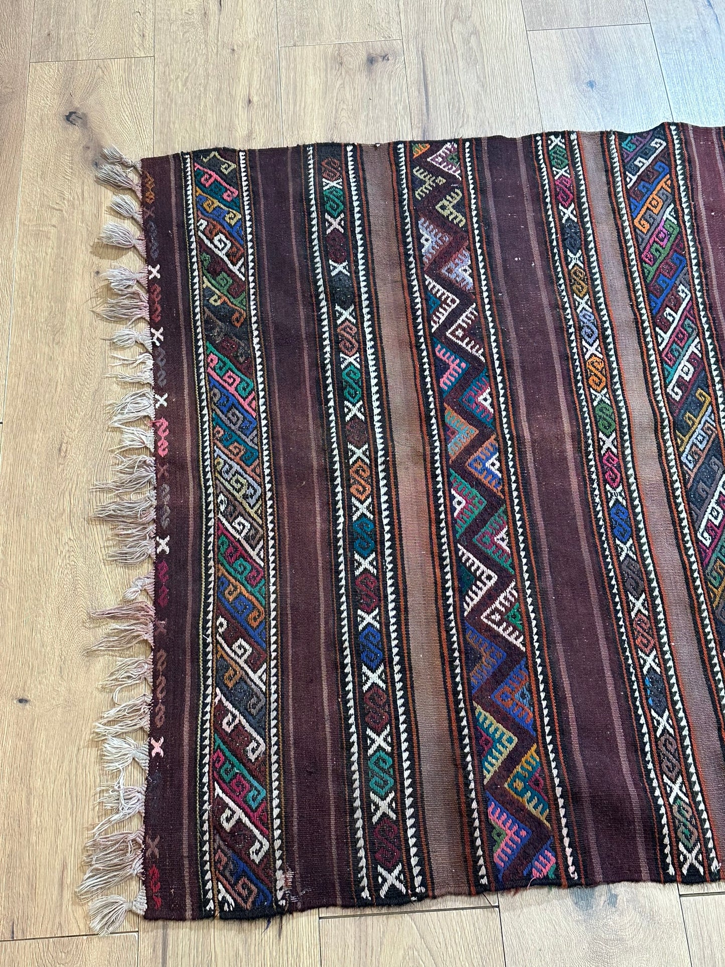 Antik Orientteppich handgeknüpft Kelim Kazak Naturfarben 145x105 cm