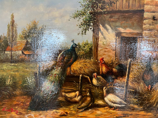 H. Van der Berg (XX) Ölgemälde Hühnerfarm mit Blauem Pfau 40x50cm