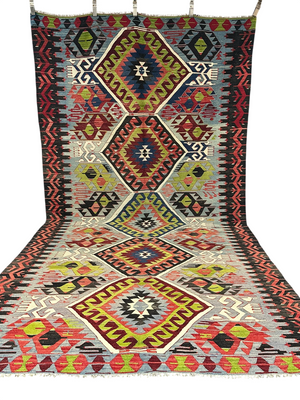 Orientteppich handgeknüpft Antik Kelim Art Deco 334x173