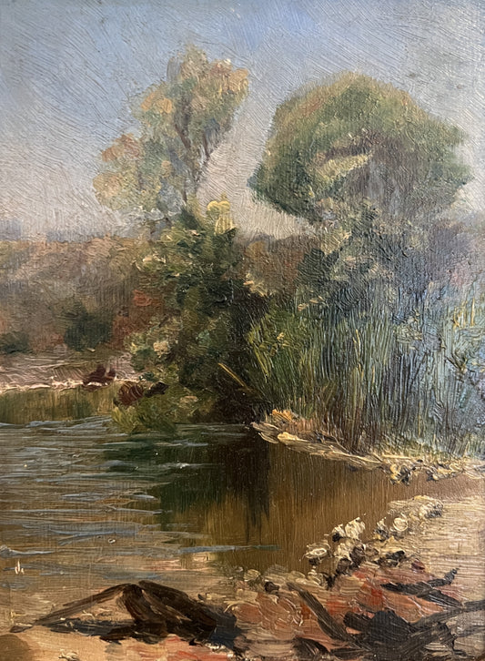 Deutsche Schule (XX) Kleines Ölgemälde Landschaft mit Teich 31x27cm