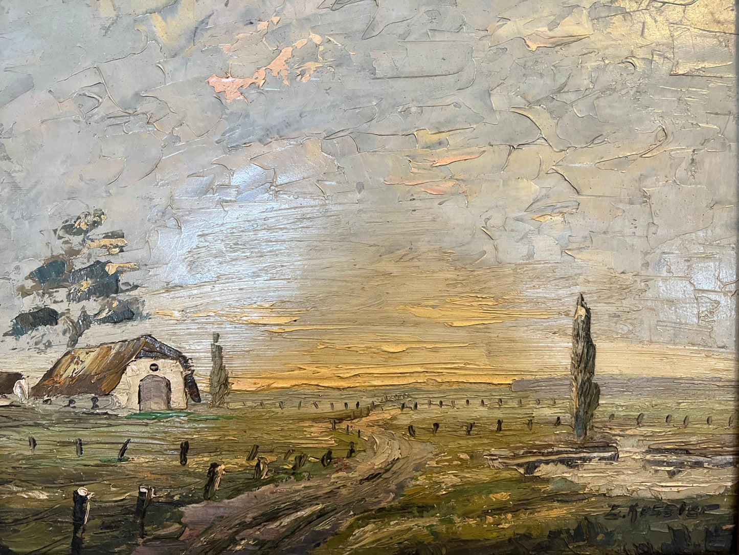 Z. Kessler (XX) Ölgemälde Landschaft mit Feldweg und Scheune 40x45cm