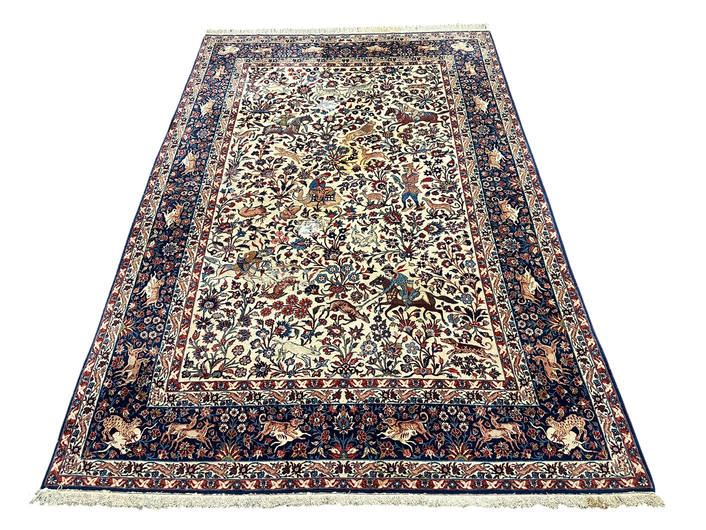 Orientteppich handgeknüpft Isfahan Korkwolle Jagdmotiv 310x200 cm