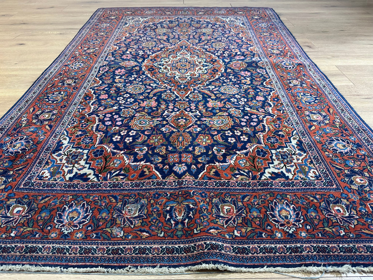 Antik Orientteppich handgeknüpft Keschan Korkwolle  Naturfarben 200x130 cm