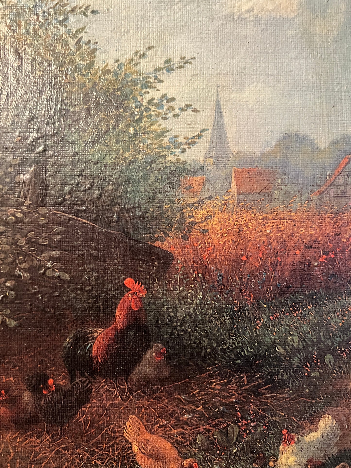 Fritz Lange (1851-1922) Öldruck Hühnerfarm mit Feld 36x30cm