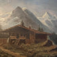 Europäische Schule (XIX-XX) Ölgemälde Berglandschaft mit Wirtshaus 21x30cm