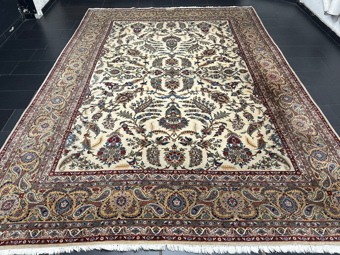Antik Orientteppich handgeknüpft Keschan Korkwolle Signiert 397x290 cm