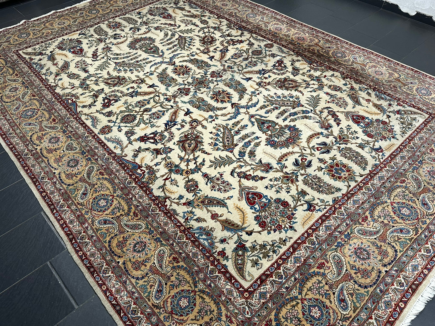 Antik Orientteppich handgeknüpft Keschan Korkwolle Signiert 397x290 cm