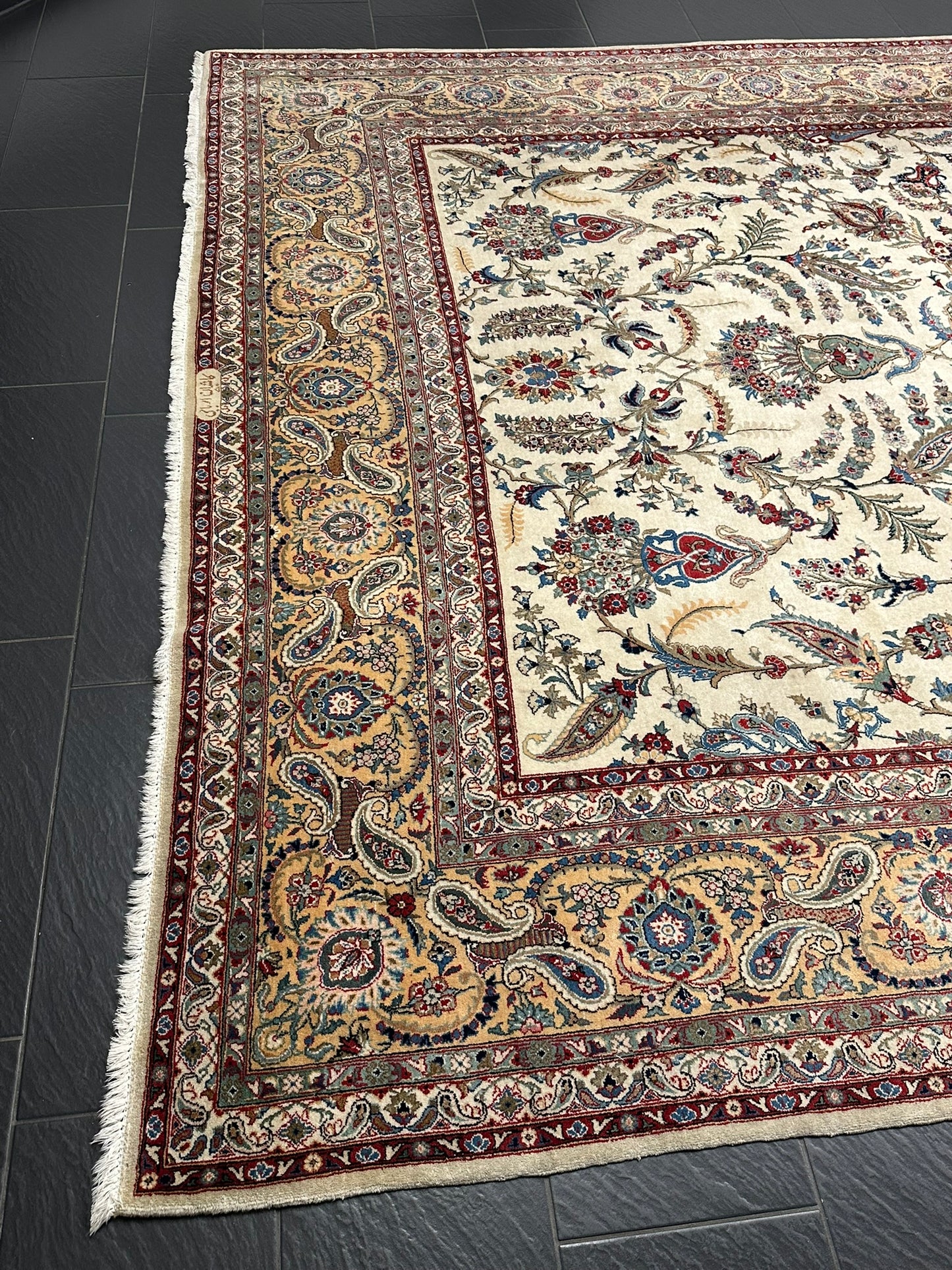 Antik Orientteppich handgeknüpft Keschan Korkwolle Signiert 397x290 cm