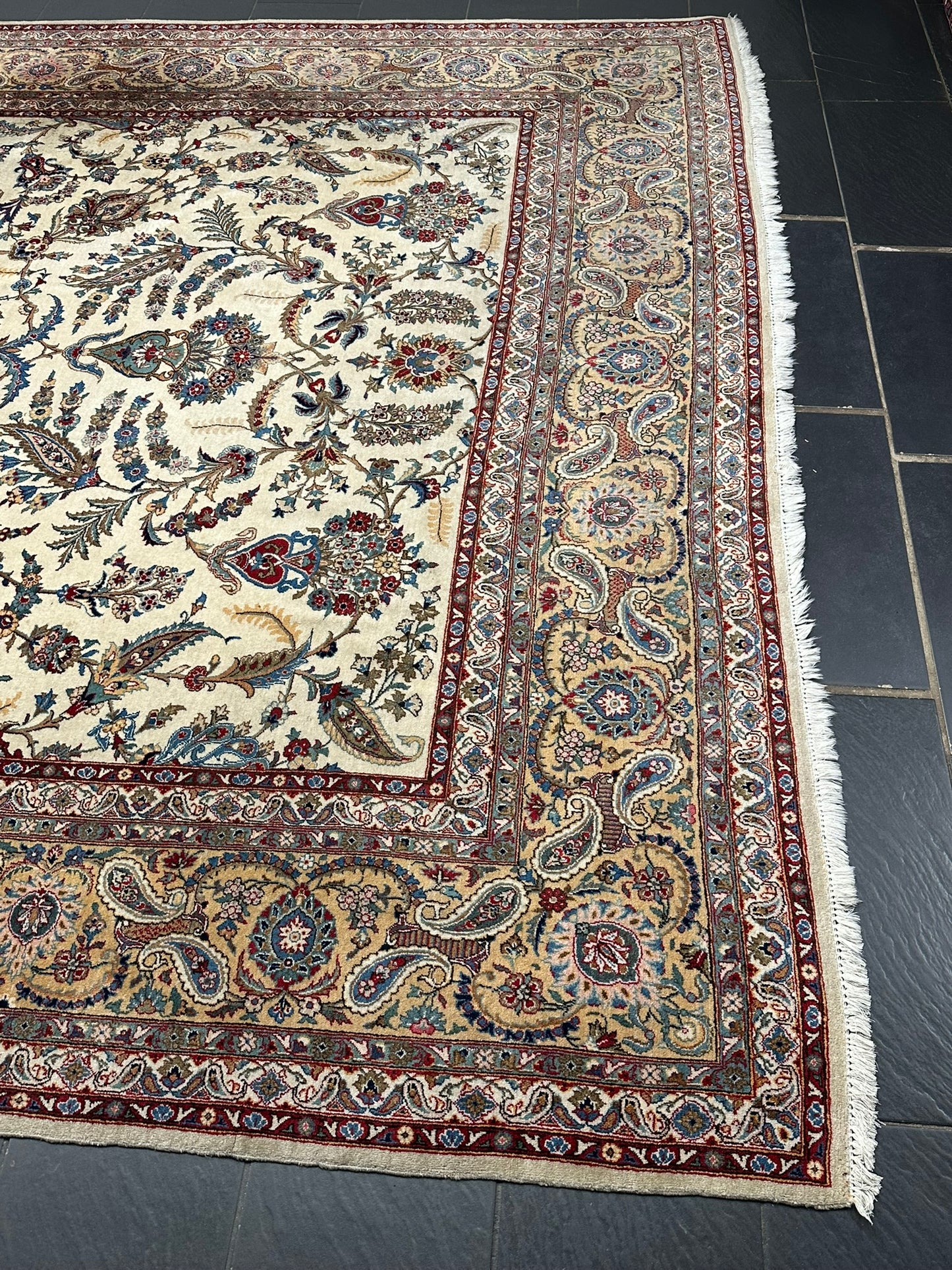 Antik Orientteppich handgeknüpft Keschan Korkwolle Signiert 397x290 cm