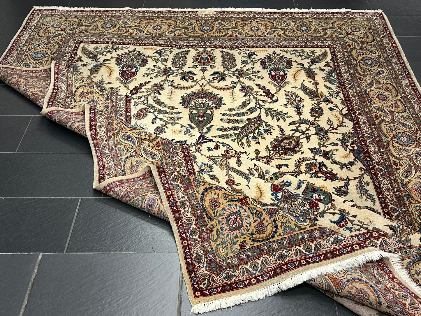 Antik Orientteppich handgeknüpft Keschan Korkwolle Signiert 397x290 cm