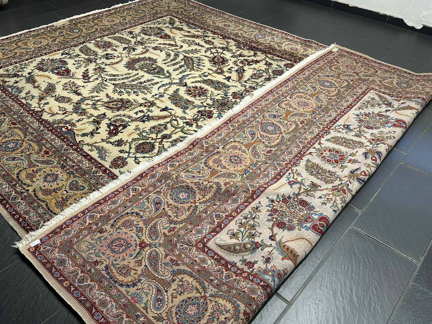 Antik Orientteppich handgeknüpft Keschan Korkwolle Signiert 397x290 cm