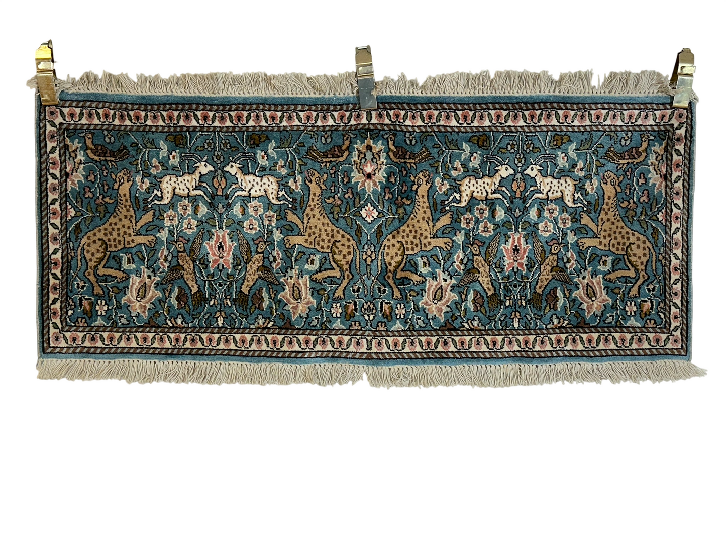 Orientteppich handgeknüpft Ghom / Kaschmir Seide Jagdmotiv 120x50 cm