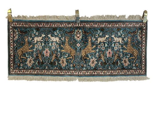 Orientteppich handgeknüpft Ghom / Kaschmir Seide Jagdmotiv 120x50 cm