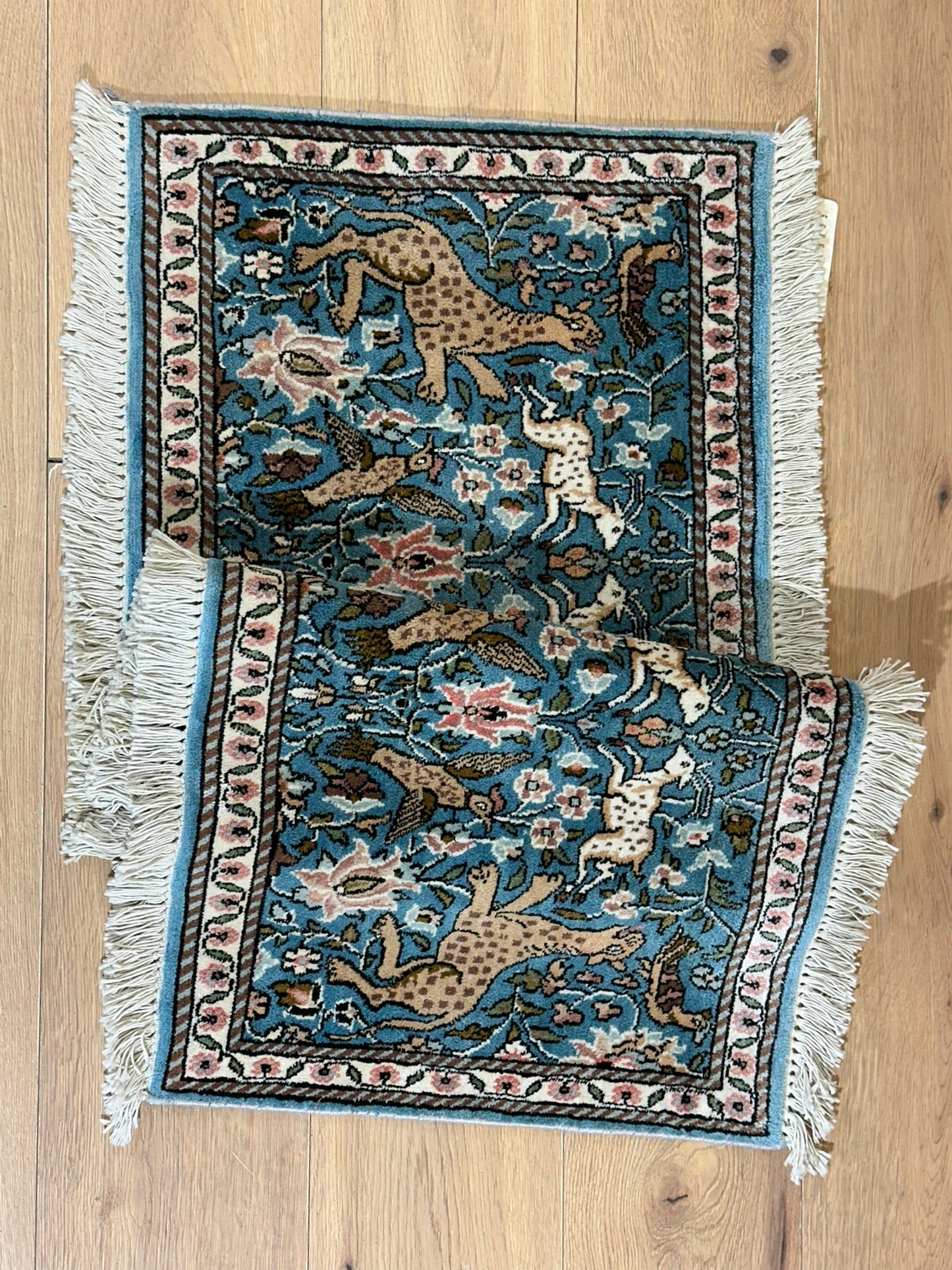 Orientteppich handgeknüpft Ghom / Kaschmir Seide Jagdmotiv 120x50 cm