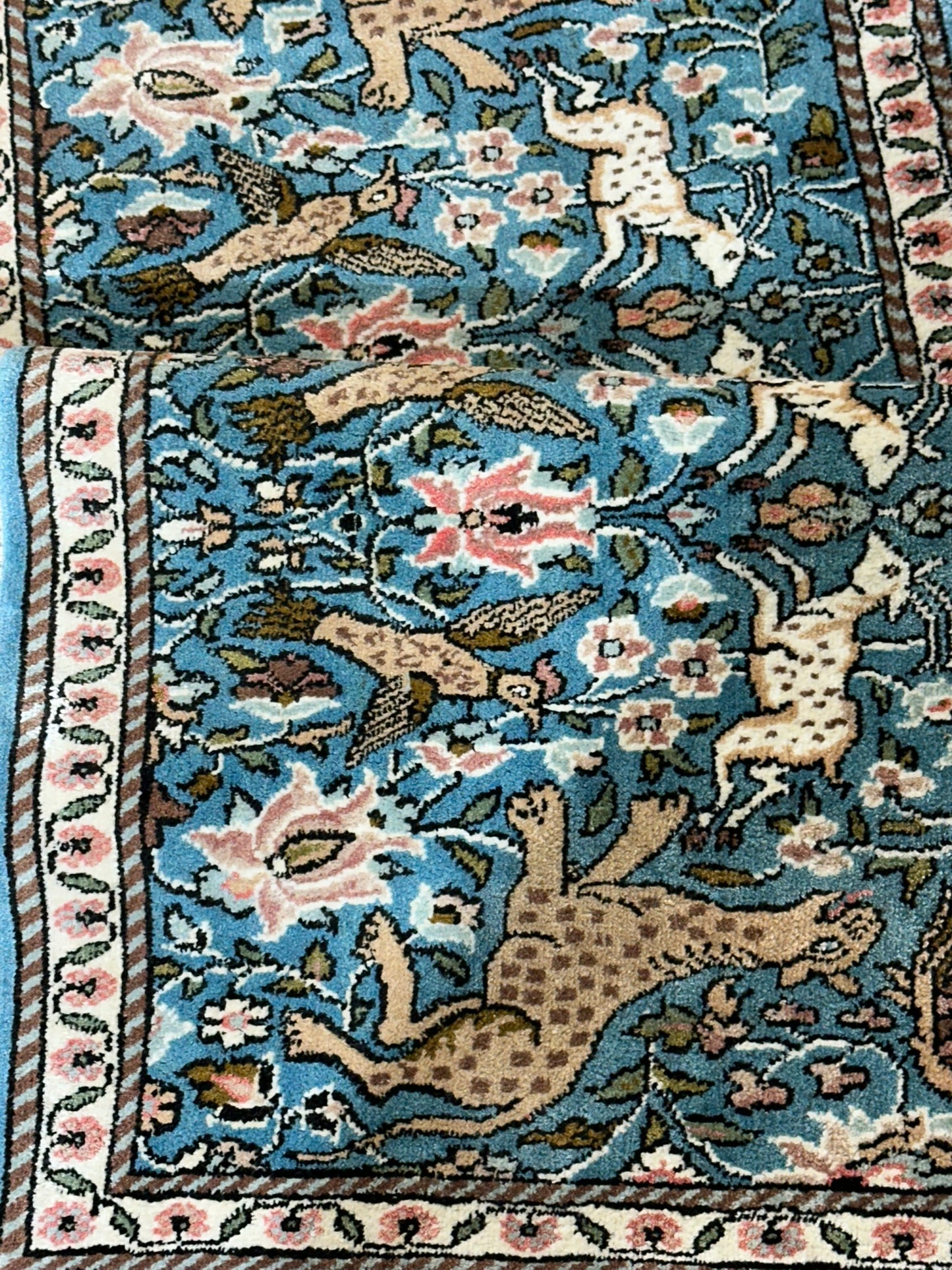 Orientteppich handgeknüpft Ghom / Kaschmir Seide Jagdmotiv 120x50 cm