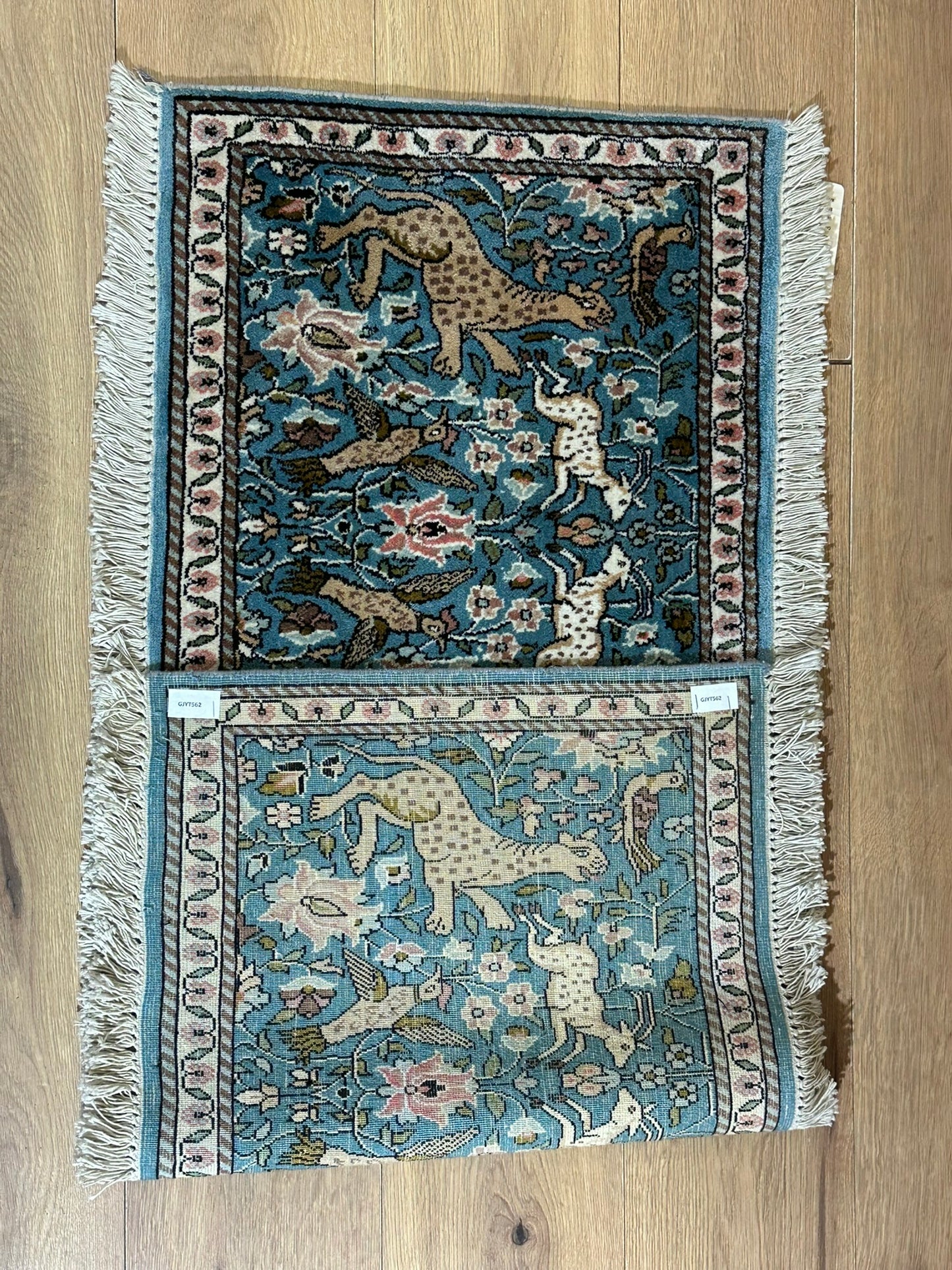 Orientteppich handgeknüpft Ghom / Kaschmir Seide Jagdmotiv 120x50 cm