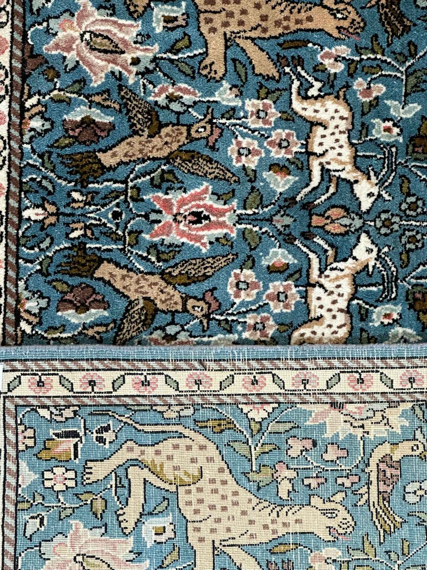 Orientteppich handgeknüpft Ghom / Kaschmir Seide Jagdmotiv 120x50 cm