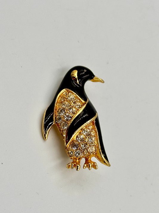 Strass Pinguin Brosche/Pin Emaille mit Gold-Ton und Zirkonia-Steinen