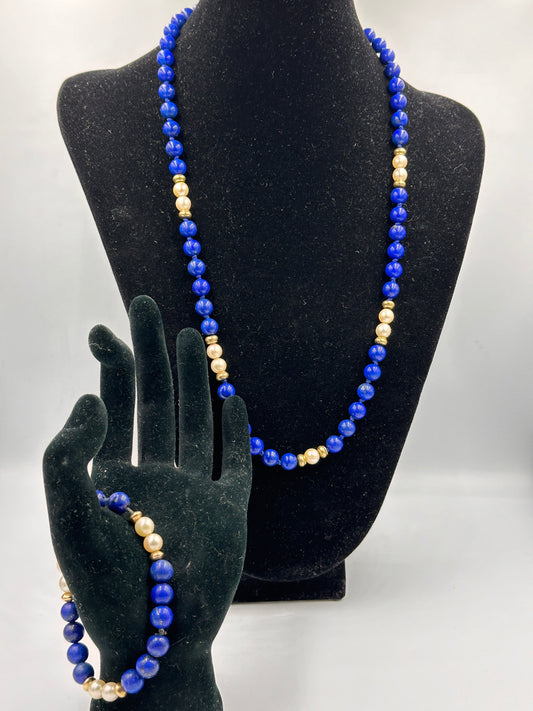 Elegante Lapis Lazuli Perlenkette mit 585er Gold-Elementen und passendem Armband