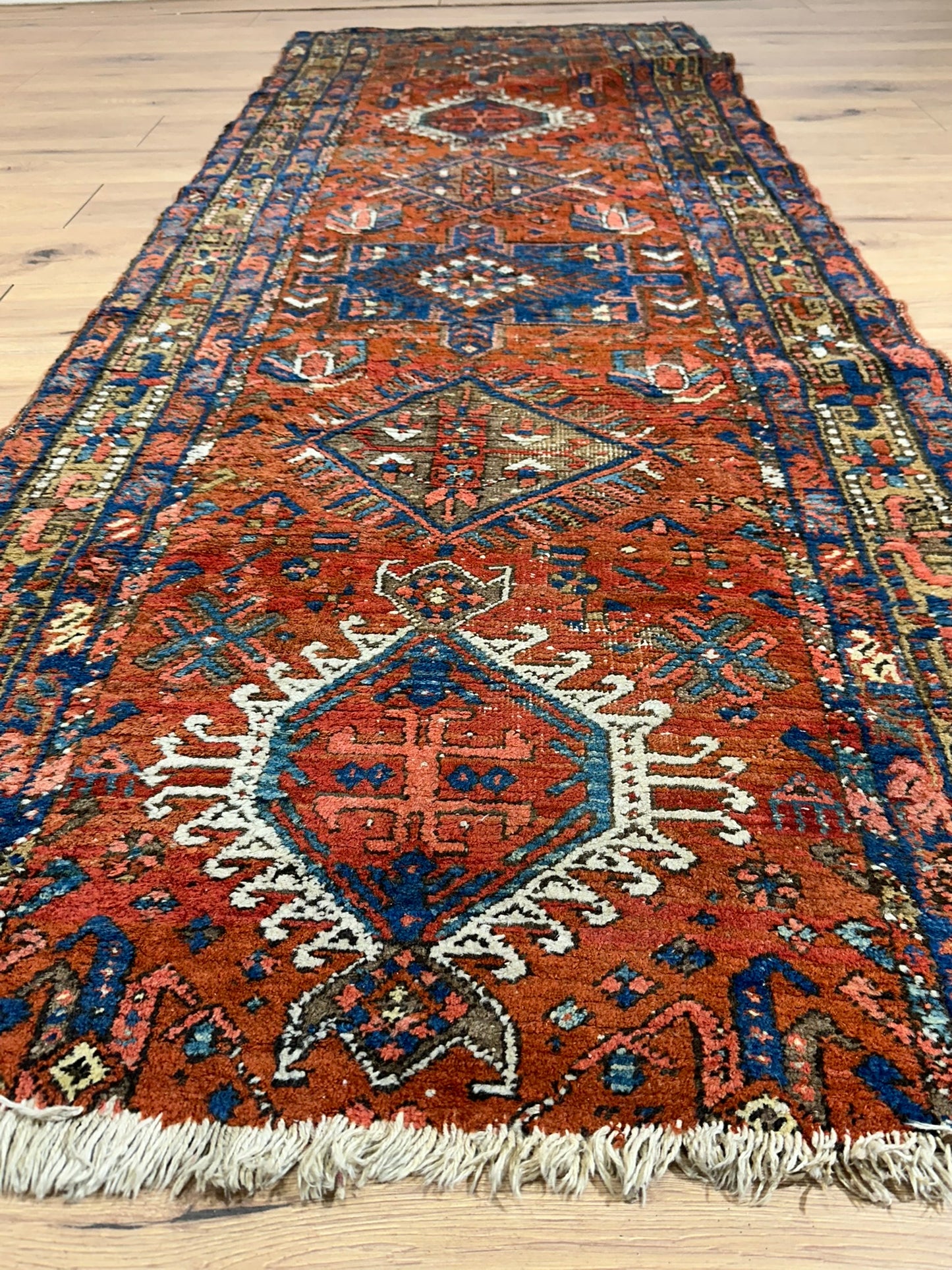Antiker Orientteppich handgeknüpft  Heriz Läufer naturfarben 250x90 cm