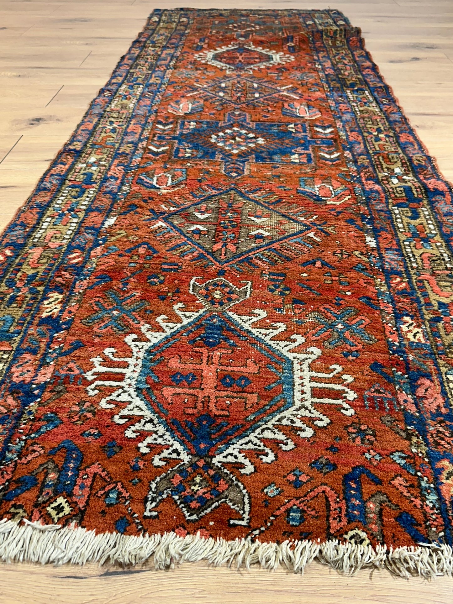 Antiker Orientteppich handgeknüpft  Heriz Läufer naturfarben 250x90 cm