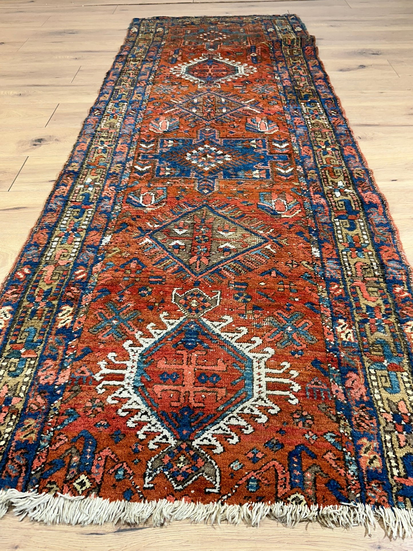 Antiker Orientteppich handgeknüpft  Heriz Läufer naturfarben 250x90 cm