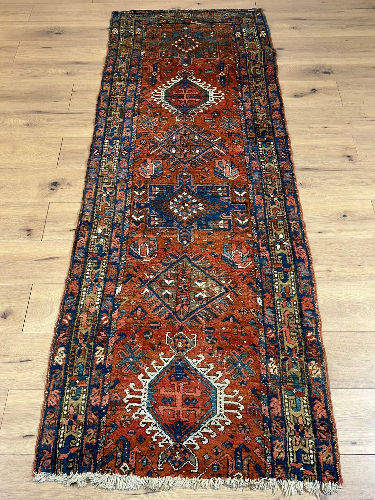 Antiker Orientteppich handgeknüpft  Heriz Läufer naturfarben 250x90 cm