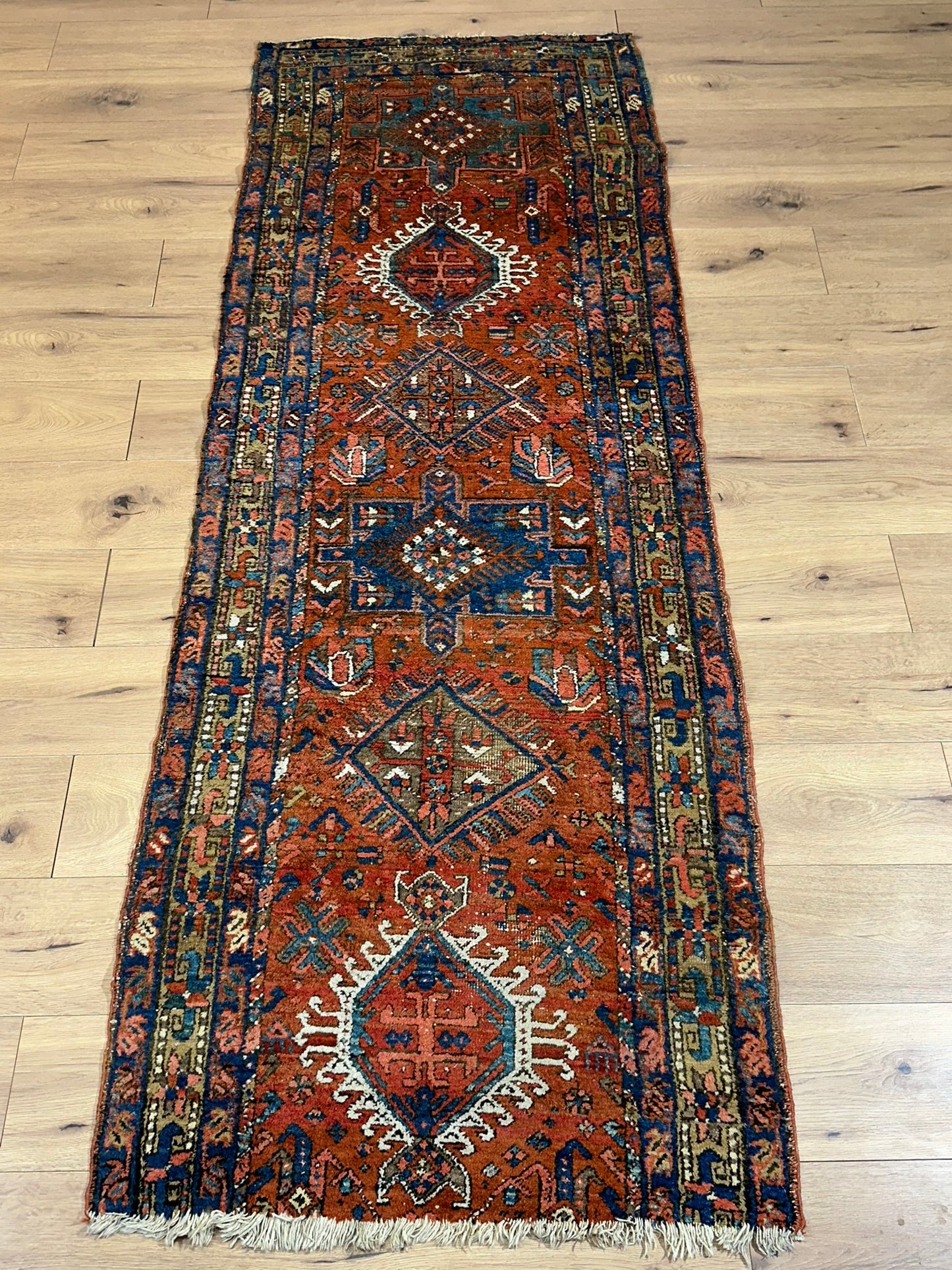 Antiker Orientteppich handgeknüpft  Heriz Läufer naturfarben 250x90 cm