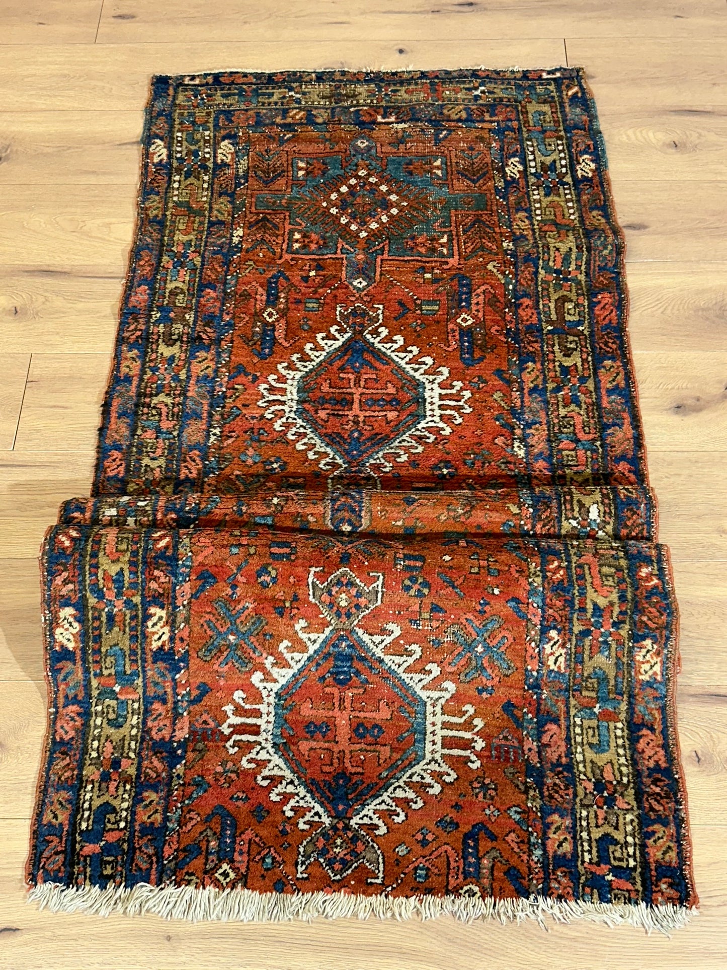 Antiker Orientteppich handgeknüpft  Heriz Läufer naturfarben 250x90 cm