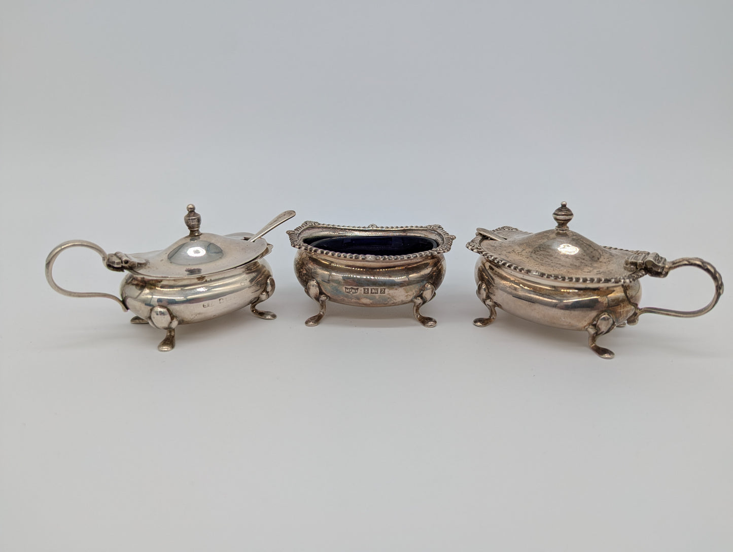 Dreiteiliges Sterling Silber 925er Condiment Set Salz Pfeffer
