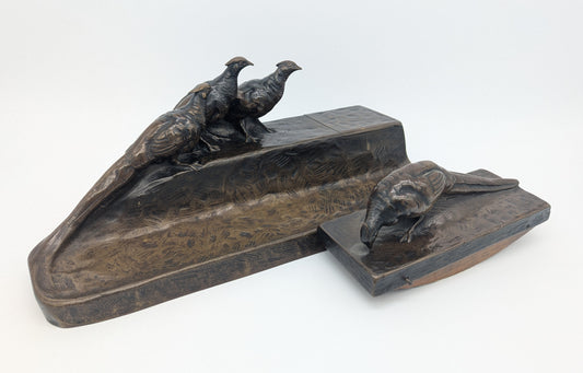 Bronze Schreibtisch Garnitur Fasanen Briefständer Tintenlöscher signiert