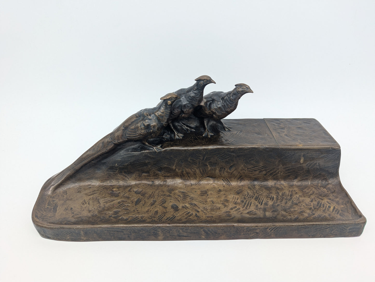 Bronze Schreibtisch Garnitur Fasanen Briefständer Tintenlöscher signiert