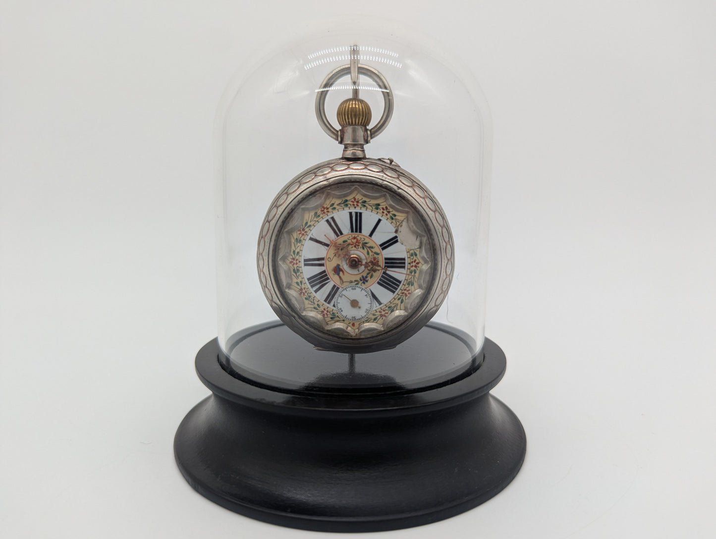 Uhr Taschenuhr Tischuhr unter Glasdom mit Floralen Akzenten Vintage