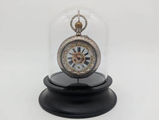 Uhr Taschenuhr Tischuhr unter Glasdom mit Floralen Akzenten Vintage
