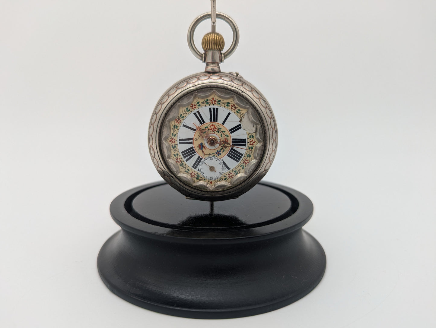 Uhr Taschenuhr Tischuhr unter Glasdom mit Floralen Akzenten Vintage