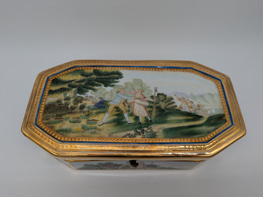 Porzellanschatulle Schmuckschatulle Handbemalt mit Landschaftsszenen vergoldet