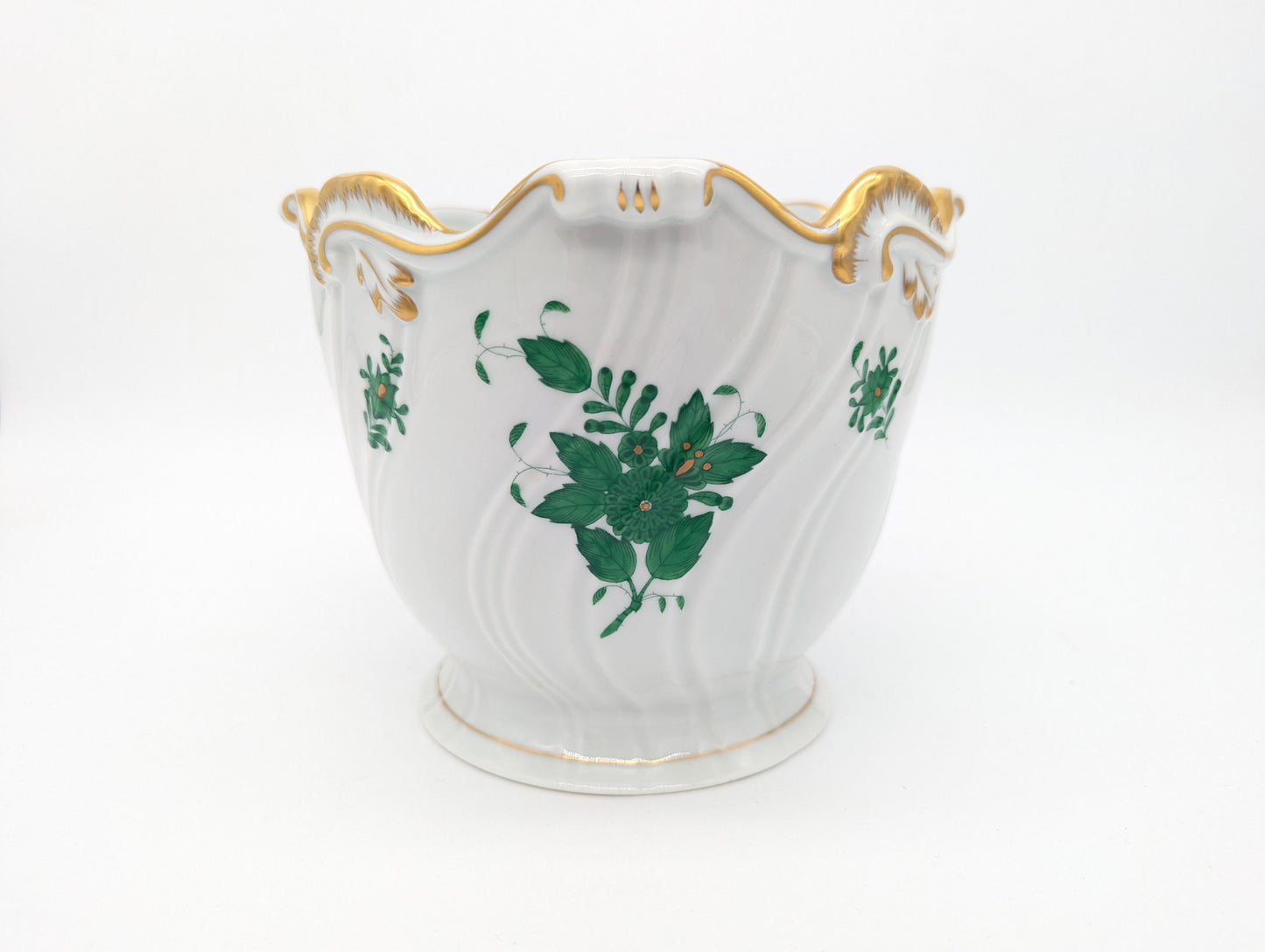 Herend Porzellan Übertopf Apponyi Grün Handbemalt mit Goldrand