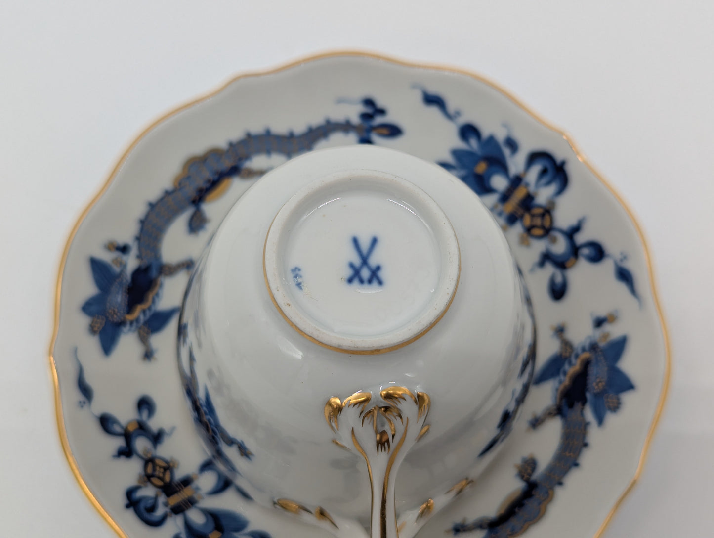 Meissen Porzellan Mokkaset Reicher Drache Blau Gold Tasse Untertasse