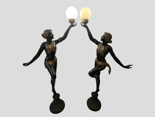 Paar Art Deco Bronze Lampen Tänzerinnen Figuren Lebensgroß