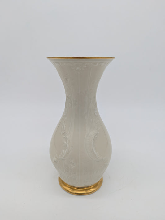 Rosenthal Porzellan Vase Reliefdekor Weiß mit Goldrand und Goldfuß