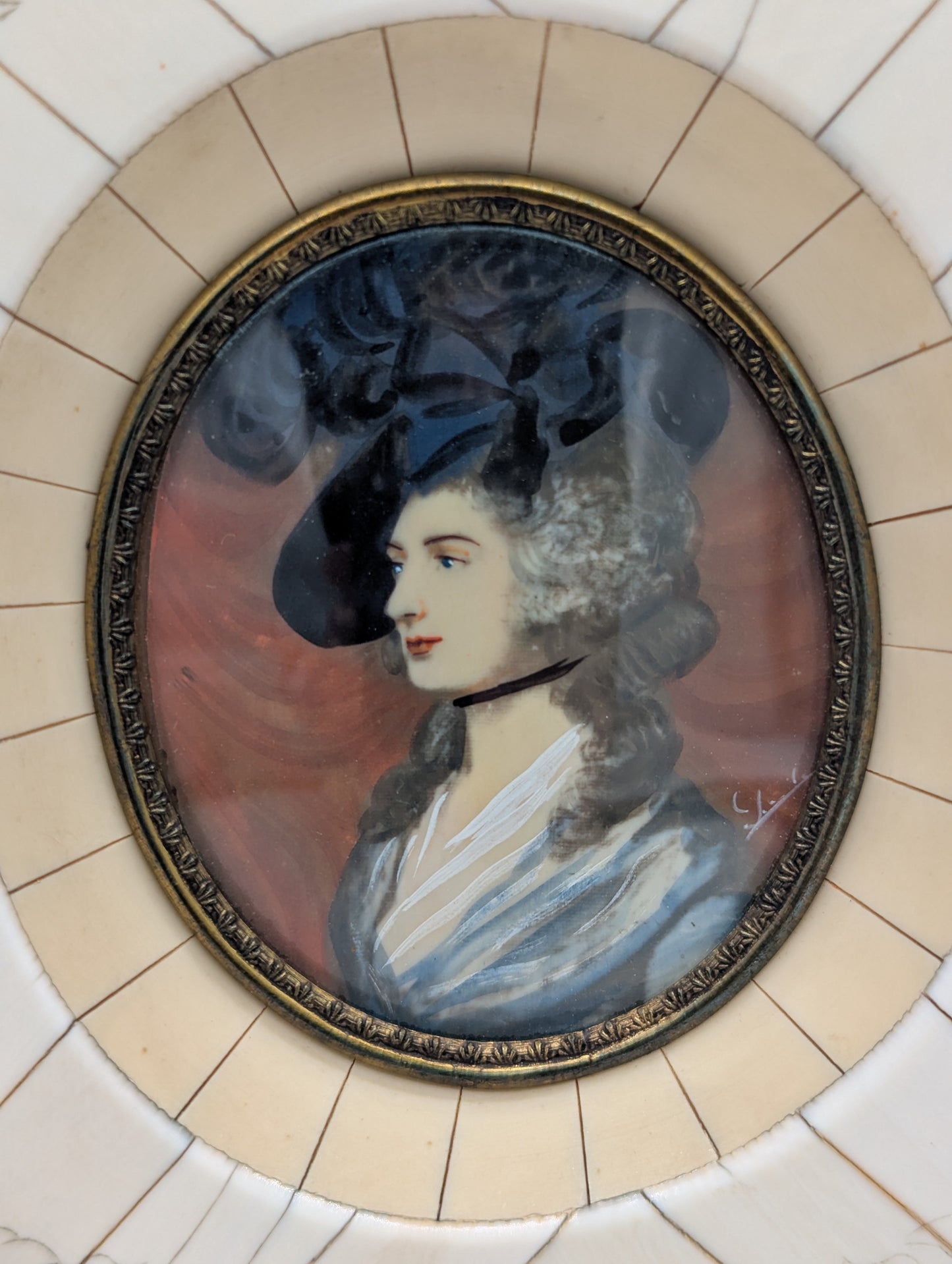 Lupenmalerei Miniaturmalerei Porträt einer Dame mit Hut Klassische Kunst signiert
