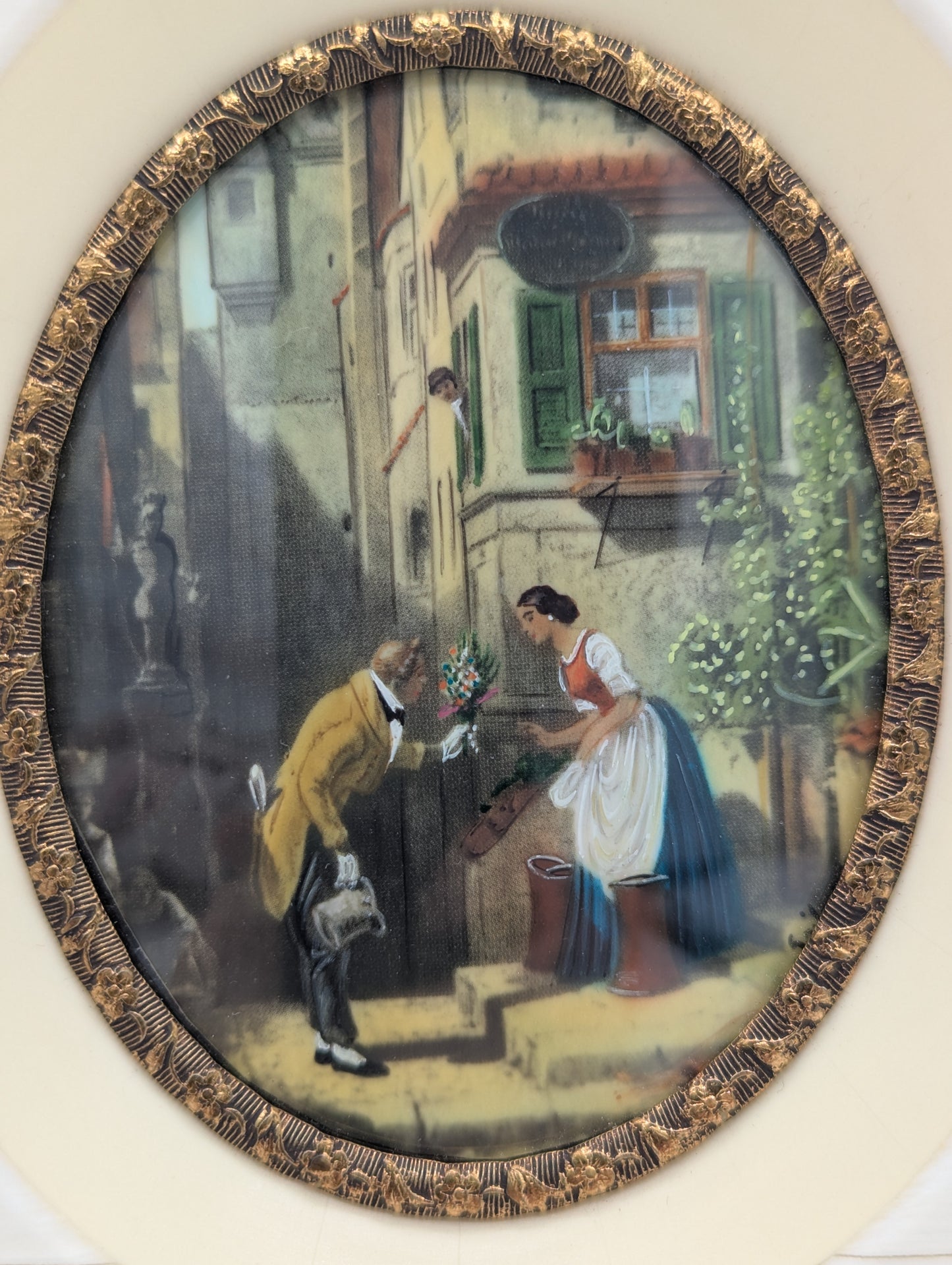 Lupenmalerei Der Gratulant nach Spitzweg feine Porträt Miniatur im Rahmen