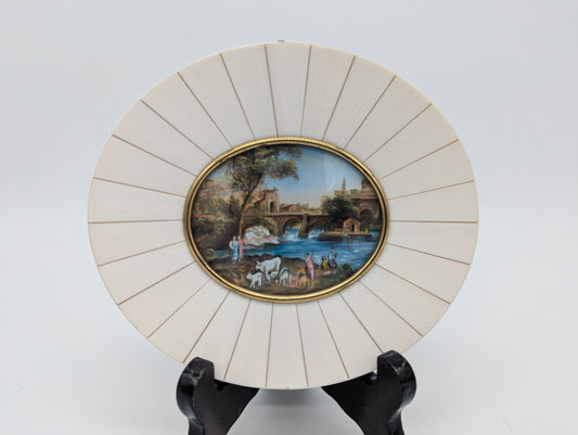 Lupenmalerei Italienische Flusslandschaft mit Figuren Miniatur im Rahmen