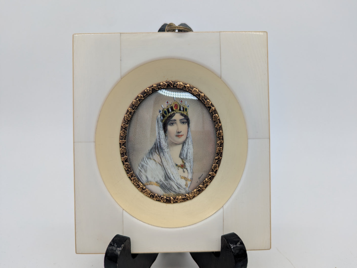 Lupenmalerei Josephine mit Krone feine Porträt Miniatur im Rahmen Bild