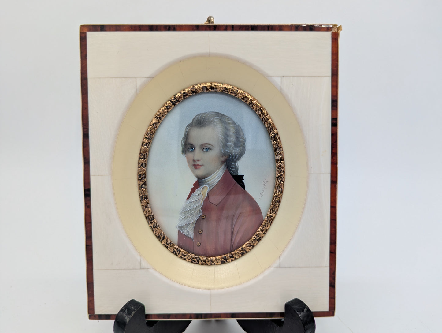Lupenmalerei W. A. Mozart feine Porträt Miniatur im Rahmen Bild